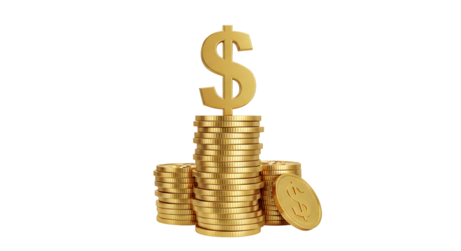 Golden dollar sign over stack of coins - Powered by Adobe