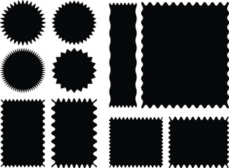 Zigzag edges set. Torn paper, jagged rectangular shape box element set with zigzag edges. Silhouette stickers circle, square, oval and rectangle labels