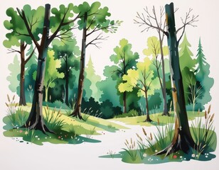 Lush Green Forest Pathway Surrounded by Diverse Trees and Foliage