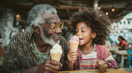 Cheerful grandfather and grandchild eating ice cream outdoors on sunny summer day at an outdoor cafe restaurant