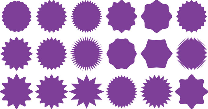 Set of circles with zigzag edges, Silhouette stickers circle, sunburst sticker shapes, circle and star shaped price tag, round stamp sticker vector icon set in purple color, Circle sticker, Wavy edge.