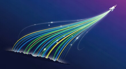 A stylized rocket launches, leaving a vibrant trail against a dark, gradient background.