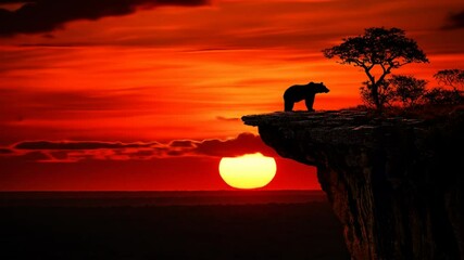 Bears fiery cliffside silhouette at dusk