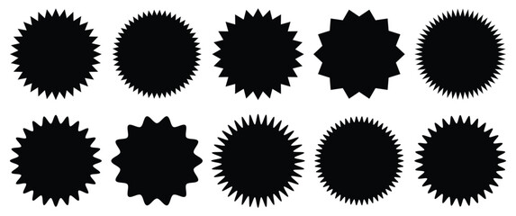 Set of black starburst. Price sticker, sale sticker, price tag, starburst, quality mark, retro stars sale. Circle sticker set. Wavy edge promo red badges. Star burst shape tags for price. Red sale tag