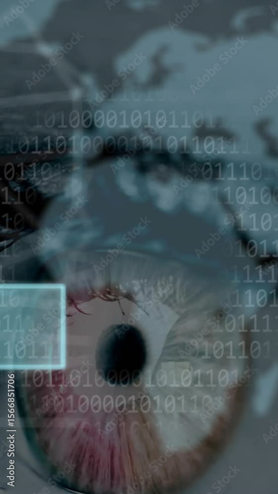 Aufkleber animation of data processing and binary coding over eye and world map