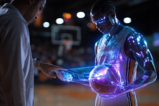 Futuristic basketball player interacts with advanced technology during intense game practice in a modern training facility