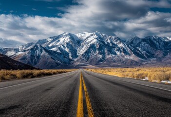 Fototapeta premium Scenic Road to Snowy Mountain Peaks A journey through nature's grandeur unfolds under a cloudy sky, inspiring exploration and freedom.