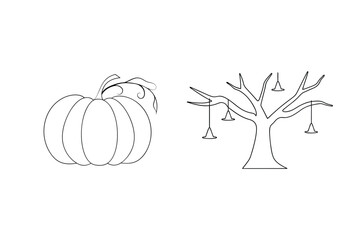 Pumpkin and bare tree with hanging decorations gourd