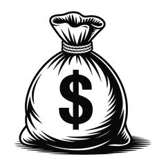 Black and white illustration of money bag with bold dollar sign

