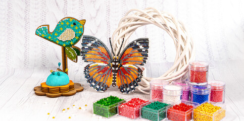 Colorful glass beads. Variety of shapes and colors to make a bead necklace or a string of beads for...
