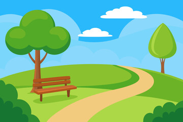 Fototapeta premium A Beautiful Cartoon Park Scene On A Sunny Day With A Curvy Path And Lush Green Trees
