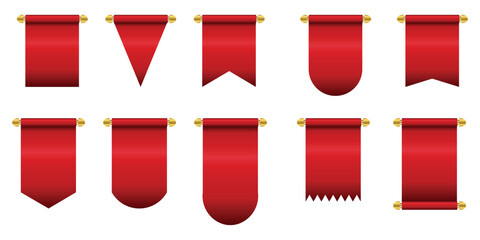 Red pennant flags mockup, blank hanging banners with golden tassels, rounded, concave, pointed and double edges. Medieval heraldic ensign templates, canvas