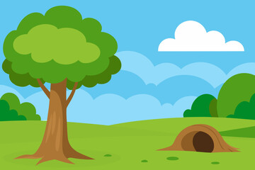 Obraz premium A Fun Cartoon Background Of A Park Or Forest Clearing With A Single Bench And A Lamp