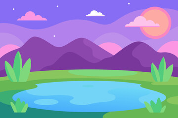 A Fun Cartoon Landscape Featuring A Pond In The Foreground And Green Hills In Back