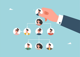 Appointment of new director or top manager by senior management, workforce distribution, change team structure for efficiency, restructure organization, hand places leader on top of chart.
