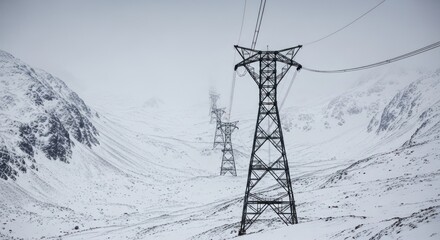 Power lines stretch across a snowy mountain valley, connecting distant towers.