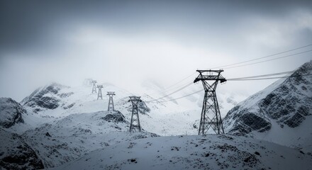 Cable car towers stretch across a snowy, mountainous landscape under a cloudy, overcast sky.