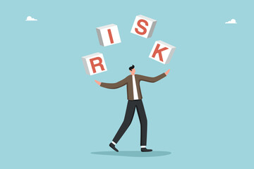 Risky choice of strategy or development path, leadership in preventing unforeseen circumstances, confidence in high-risk investments, overcoming obstacles to achieving goals, man juggling cubes risk.