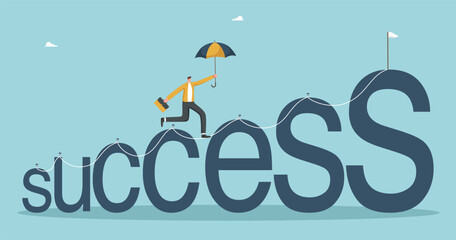 Planning a path to great success, achieving high results at work, career growth, overcoming difficulties and achieving business goals, a man with an umbrella walking on increasing success.