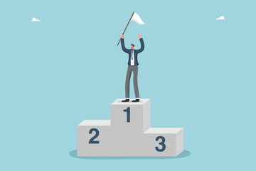 Сoncept of victory and great success, path to achieve excellence in work, achieving getting career promotion, accuracy in setting goals, high results, receive rewards, man on top of podium with flag.