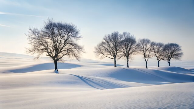 Four bare trees stand silhouetted against a clear blue sky on a snowy field