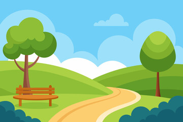 Fototapeta premium A Charming And Fun Cartoon Park Scene On A Sunny Day With A Winding Pathway Art