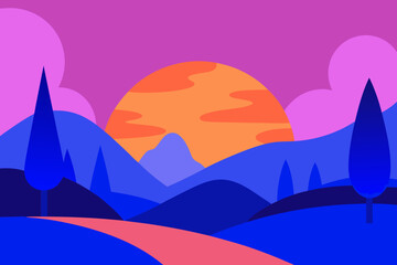 A Fun And Stylized Fantasy Landscape At Sunset With A Path To A Floating Castle