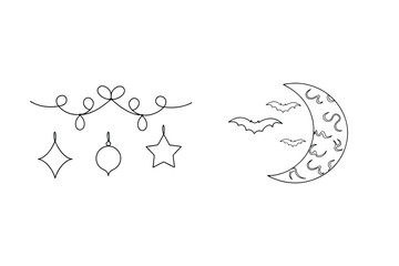 Crescent moon with bats and festive ornaments flying