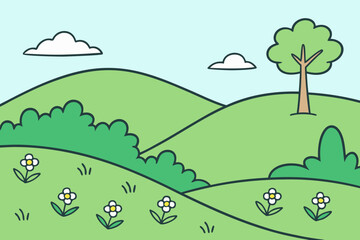 A Sweet And Cute Flat Landscape For Children With Smooth Hills And A Smiling Sun