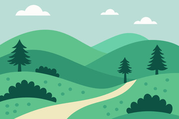 Fototapeta premium A Modern Flat Design Landscape With A Winding Dirt Path Through Bright Green Hills