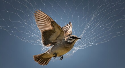 Fototapeta premium Bird in Distress A Mockingbird Caught in a Net, Symbolizing Environmental Threat and Wildlife Conservation