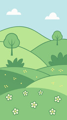 A Simple And Cute Flat Landscape For Children With Gentle Hills And A Happy Sun