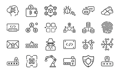 Cybersecurity and Technology Line Icons Bundle Featuring AI, Blockchain, Cryptocurrency, Coding, Hacking, Password Protection 
