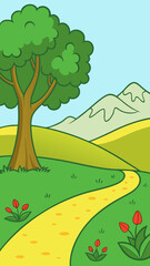 A Vibrant And Lush Cartoon Landscape With A Yellow Path Winding Through Green Fields