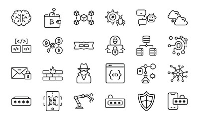 Cybersecurity and Technology Line Icons Bundle Featuring AI, Blockchain, Cryptocurrency, Coding, Hacking, Password Protection 