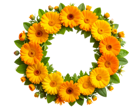 Circular Calendula Wreath in Sunny Tones, isolated on a transparent background.