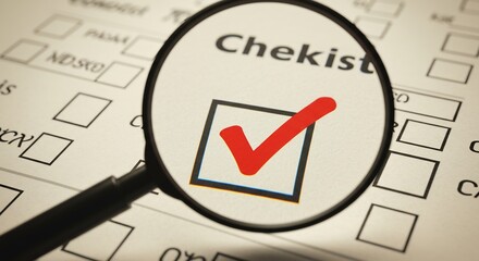 Magnified Checklist with Red Check Mark: Task Completion and Verification