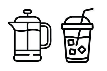 French press coffee and iced drink with straw beverage