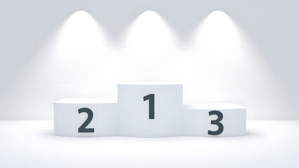 Photo of a white winners podium with numbers 1, 2, and 3 is dramatically lit against a white background