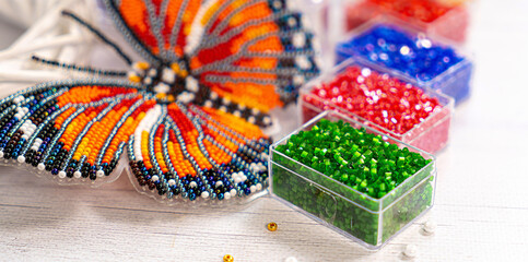 Colorful glass beads. Variety of shapes and colors to make a bead necklace or a string of beads for...