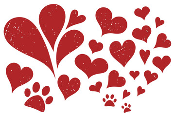 Valentine's Day Animal Paw Print Hearts, And Red Grunge Hearts Paw Prints