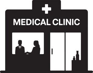 Medical clinic building with people inside and medical supplies silhouette