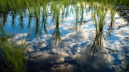 Rice paddy reflecting a cloudy sky