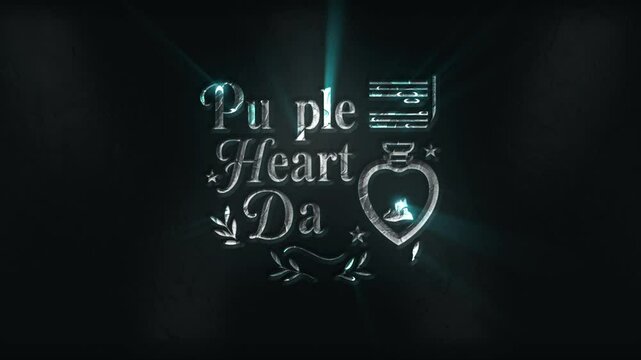 Glowing Purple Heart Day metallic text with military medal and heart icon, honoring bravery and sacrifice on dark background.
- Powered by Adobe