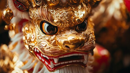 Obraz premium Ornate Golden Lion Dance Mask Detailed Close Up