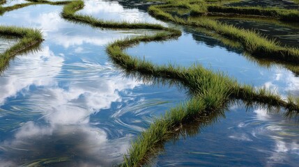 Naklejka premium Rice paddies with water reflecting clouds