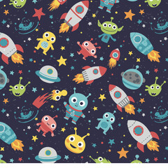 A vibrant, colorful space-themed seamless pattern featuring rockets, friendly aliens, planets, stars, and a comet against a dark blue starry background.