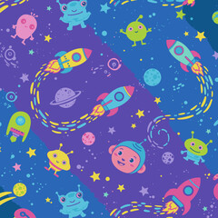 Whimsical cartoon space scene featuring friendly aliens, rockets, planets, and stars on a vibrant purple background.