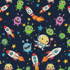 Adorable cartoon rockets and aliens seamless pattern, perfect for kids' textile prints, wrapping paper, or digital projects, featuring vibrant colors and playful characters against a dark blue space