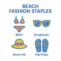 Fototapeta premium Beach fashion staples illustrated with bikini, sunglasses, straw hat, and flip-flops.